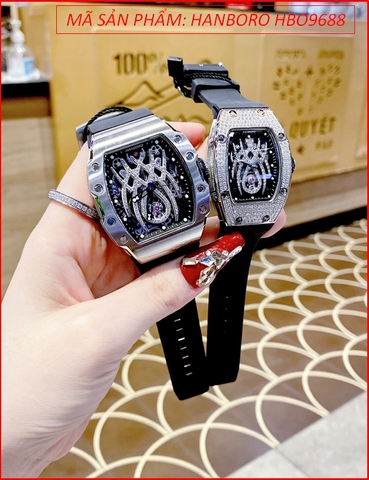 Đồng Hồ Cặp Đôi Hanboro Automatic Mặt Nhện Dây Silicone Đen