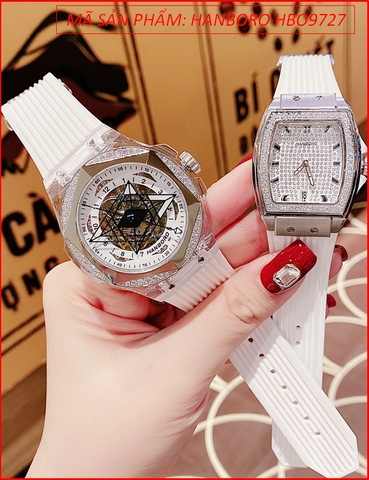 Đồng Hồ Cặp Đôi Hanboro Automatic Mặt Đính Đá Dây Silicone Trắng