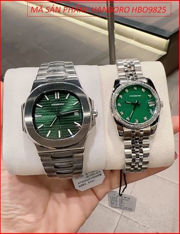 Đồng Hồ Cặp Đôi Hanboro Automatic Mặt Xanh Lá Dây Kim Loại
