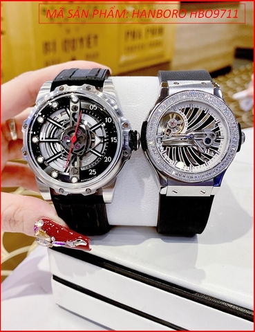 Đồng Hồ Cặp Đôi Hanboro Automatic Mặt Tròn Lộ Máy Dây Silicone Đen