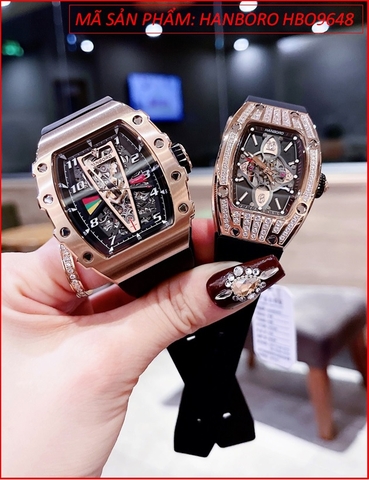 Đồng Hồ Cặp Đôi Hanboro Automatic Mặt Oval Dây Silicone Đen