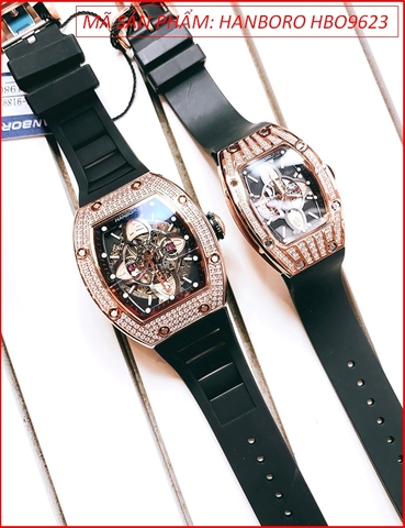 Đồng Hồ Cặp Đôi Hanboro Automatic Mặt Full Đá Rose Gold (36mm-48mm)