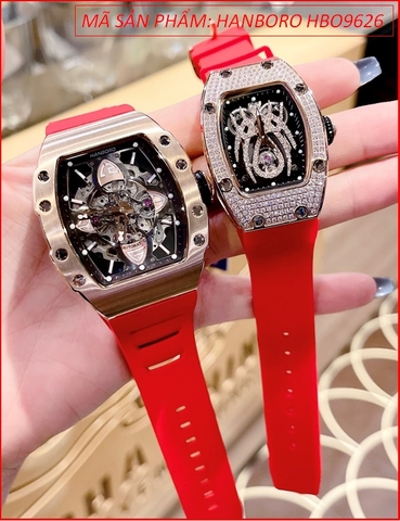 Đồng Hồ Cặp Đôi Hanboro Automatic Rose Gold Dây Cao Su Đỏ