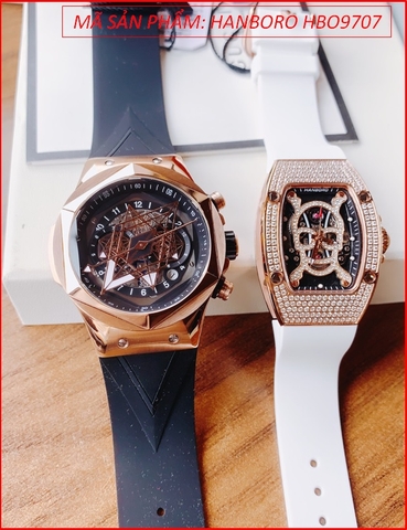 Đồng Hồ Cặp Đôi Hanboro Mặt Lục Giác Rose Gold Dây Silicone