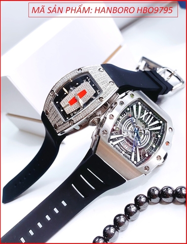 Đồng Hồ Cặp Đôi Hanboro Automatic Mặt Oval Lộ Máy Dây Silicone