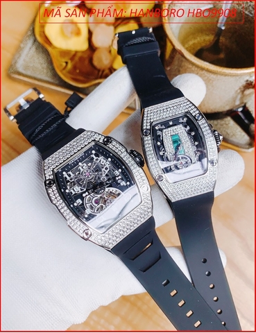 Đồng Hồ Cặp Đôi Hanboro Automatic Mặt Oval Đính Đá Dây Silicone