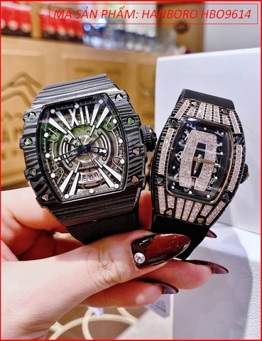 Đồng Hồ Cặp Đôi Hanboro Automatic Mặt Oval Dây Silicone Đen