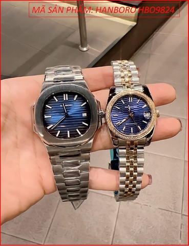 Đồng Hồ Cặp Đôi Hanboro Automatic Mặt Xanh Dây Kim Loại