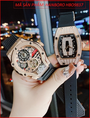 Đồng Hồ Cặp Đôi Hanboro Automatic Mặt Rose Gold Dây Silicone (36mm-52mm)