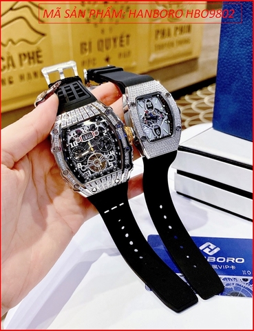 Đồng Hồ Cặp Đôi Hanboro Tựa Richard Mille Đính Đá Dây Silicone