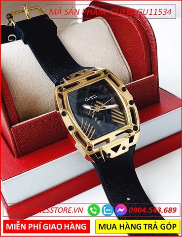 Đồng Hồ Nam Guess Legend Mặt Chữ Nhật Vàng Gold Dây Silicone Đen
