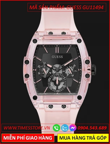 Đồng Hồ Nam Guess Mặt Chữ Nhật Đen Dây Silicone Hồng