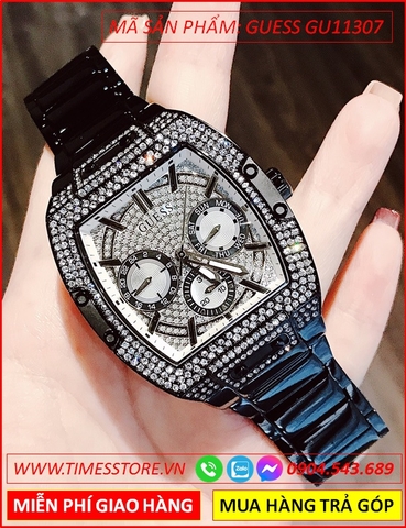 Đồng hồ Nam Guess Mặt Chữ Nhật Đính Đá Dây Kim Loại Full Đen