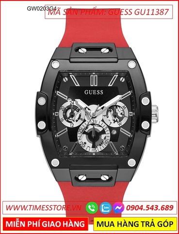 Đồng Hồ Nam Guess Mặt Chữ Nhật Full Đen Dây Silicone Đỏ