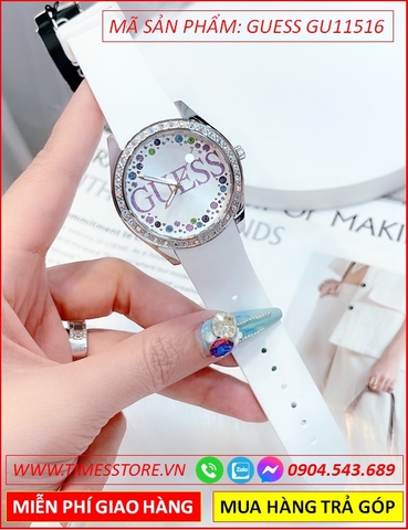 Đồng Hồ Nữ Guess Mặt Khắc Chữ Guess Đính Đá Dây Silicone Trắng