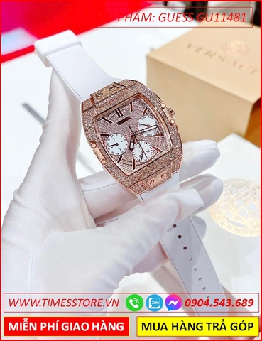 Đồng Hồ Nữ Guess Unisex Mặt Chữ Nhật Full Đá Dây Silicone Trắng