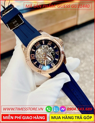 Đồng Hồ Nam Guess Blue Skeleton Analogue Automatic Dây Silicone Xanh