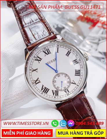 Đồng Hồ Nam Guess Mặt Tròn Số La Mã Dây Da Nâu