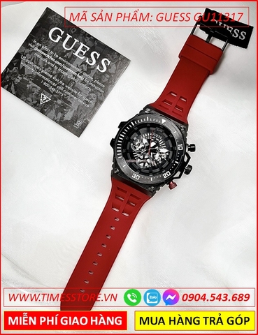Đồng Hồ Nam Guess Mặt Tròn Chronograph thể thao Silicone Đỏ