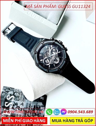Đồng Hồ Nam Guess Mặt Tròn Full Đen Dây Cao Su Đen