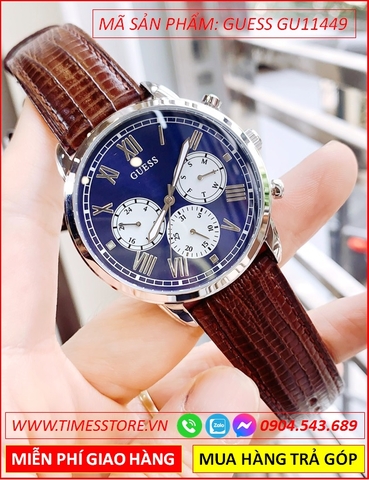 Đồng Hồ Nam Guess Mặt Xanh Thể Thao Dây Da Nâu