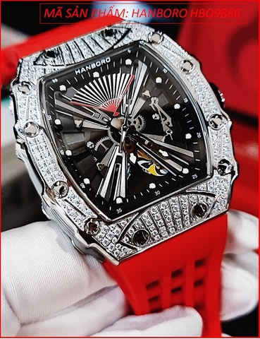 Đồng Hồ Nam Hanboro Automatic Đính Đá Swarovski Dây Silicone Đỏ