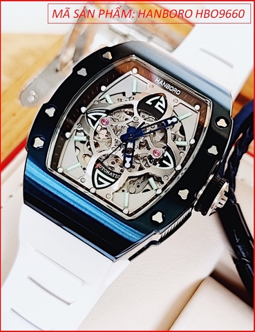 Đồng Hồ Nam Hanboro Automatic Mặt Full Đen Dây Silicone Trắng