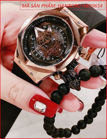 Đồng Hồ Nam Hanboro Automatic Mặt Lục Giác Rose Gold Dây Silicone Đen
