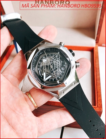 Đồng Hồ Nam Hanboro Automatic Mặt Lục Giác Dây Silicone Đen