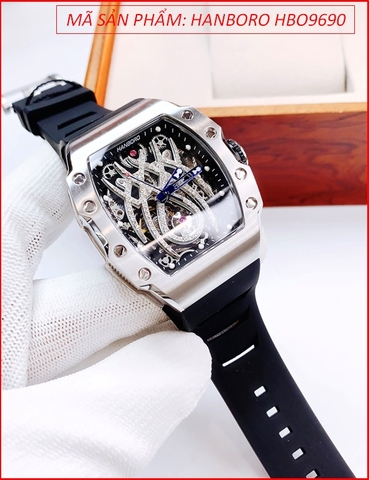 Đồng Hồ Nam Hanboro Automatic Mặt Nhện Silver Dây Silicone Đen
