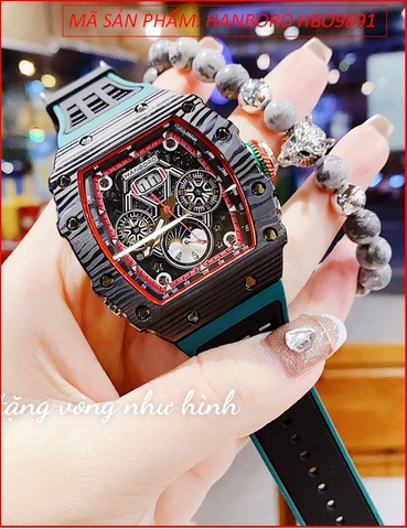 Đồng Hồ Nam Hanboro Automatic Mặt Oval Full Đen Lộ Cơ Dây Silicone