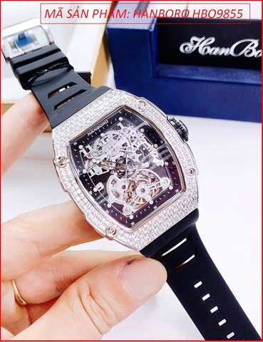 Đồng Hồ Nam Hanboro Automatic Mặt Oval Đính Đá Silver Dây Silicone