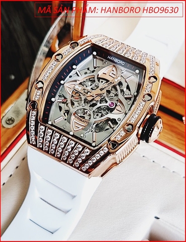 Đồng Hồ Nam Hanboro Automatic Mặt Oval Rose Gold Silicone Trắng (40x50mm)
