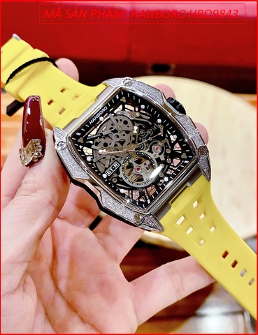 Đồng Hồ Nam Hanboro Automatic Mặt Oval Lộ Máy Dây Silicone Vàng