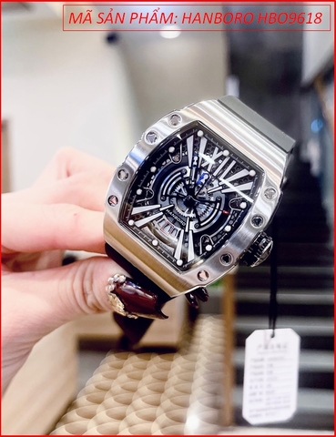 Đồng Hồ Nam Hanboro Automatic Mặt Oval Silver Dây Silicone Đen