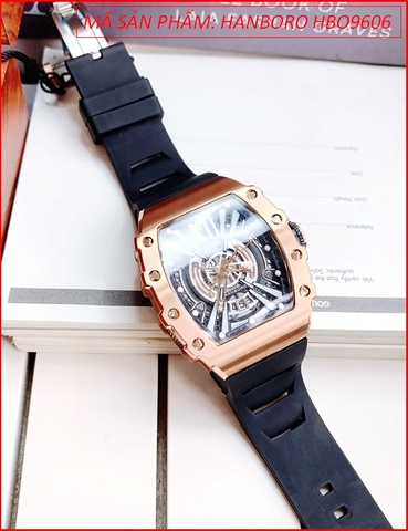 Đồng Hồ Nam Hanboro Automatic Mặt Oval Rose Gold Dây Silicone
