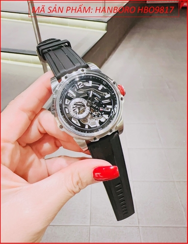 Đồng Hồ Nam Hanboro Automatic Mặt Tròn Đen Dây Silicone