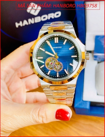 Đồng Hồ Nam Hanboro Automatic Mặt Tròn Xanh Dây Kim Loại Demi