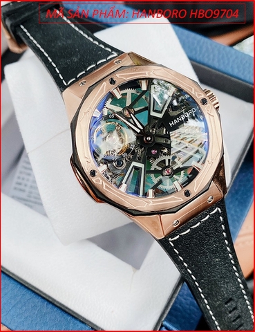 Đồng Hồ Nam Hanboro Automatic Mặt Tròn Lộ Cơ Rose Gold Dây Da