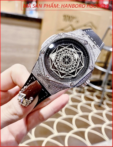 Đồng Hồ Nam Hanboro Automatic Mặt Vũ Trụ Full Đá Silver Dây Da