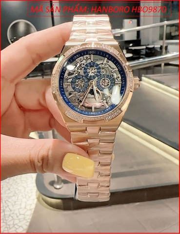 Đồng Hồ Nam Hanboro Automatic Mặt Xanh Lộ Máy Dây Rose Gold