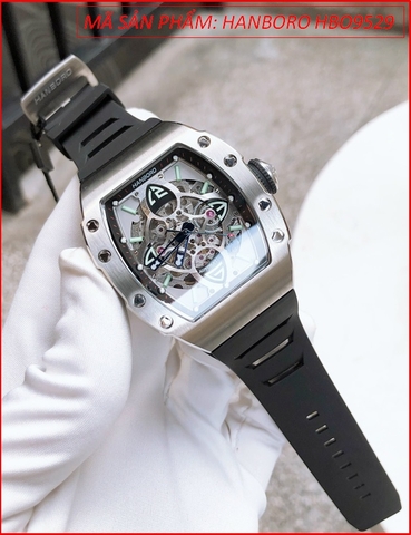Đồng hồ Nam Hanboro Mặt Oval Automatic Lộ Máy Silver Dây Cao Su