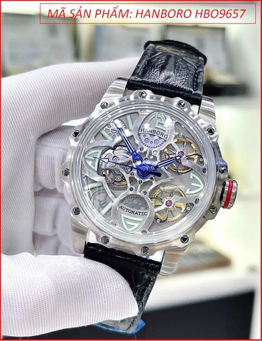 Đồng Hồ Nam Hanboro Tourbillon Automatic Silver Lộ Máy Dây Da (43mm)