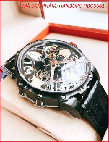 Đồng Hồ Nam Hanboro Tourbillon Automatic Mặt Full Đen Dây Da (44mm)