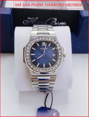 Đồng Hồ Nam Hanboro Tựa Patek Philip Đính Đá Mặt Xanh Dây Kim Loại