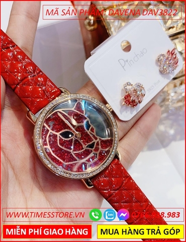 Set Đồng hồ Nữ Davena Mặt Báo Dây Da Đỏ +Bông Tai Swarovski