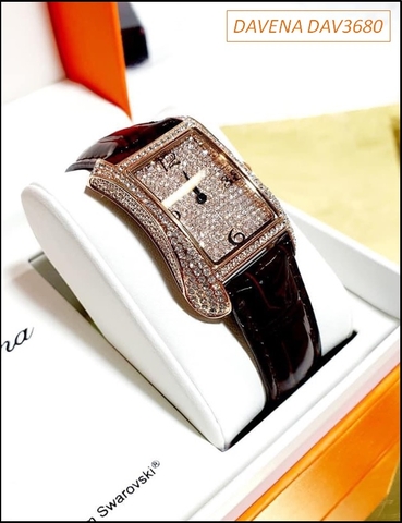 Đồng hồ Nữ Davena Mặt Chữ Nhật Dây Da Swarovski Rose Gold