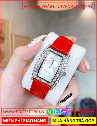 Đồng hồ Nữ Davena Mặt Chữ Nhật Dây Da Đỏ Swarovski Silver