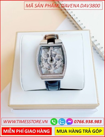 Đồng hồ Nữ Davena Mặt Xoay Oval Dây Da Đen Full Đá Swarovski