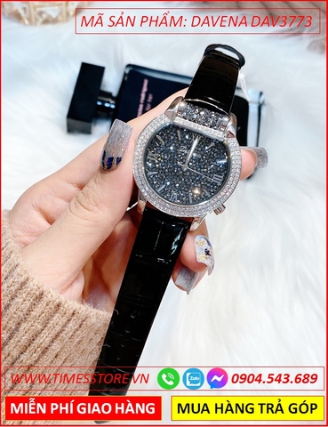 Đồng hồ Nữ Davena Swarovski Dây Da Đen Mặt Bầu Trời Sao
